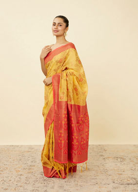 Tangerine Yellow Saree with Floral Pattern image number 3